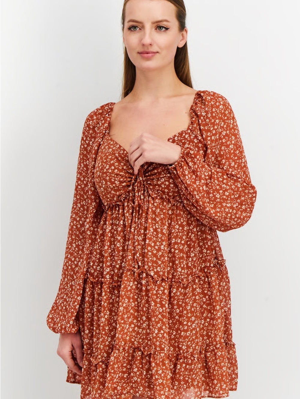 Forever 21 Rust Floral Tiered Long-Sleeve Mini Dress